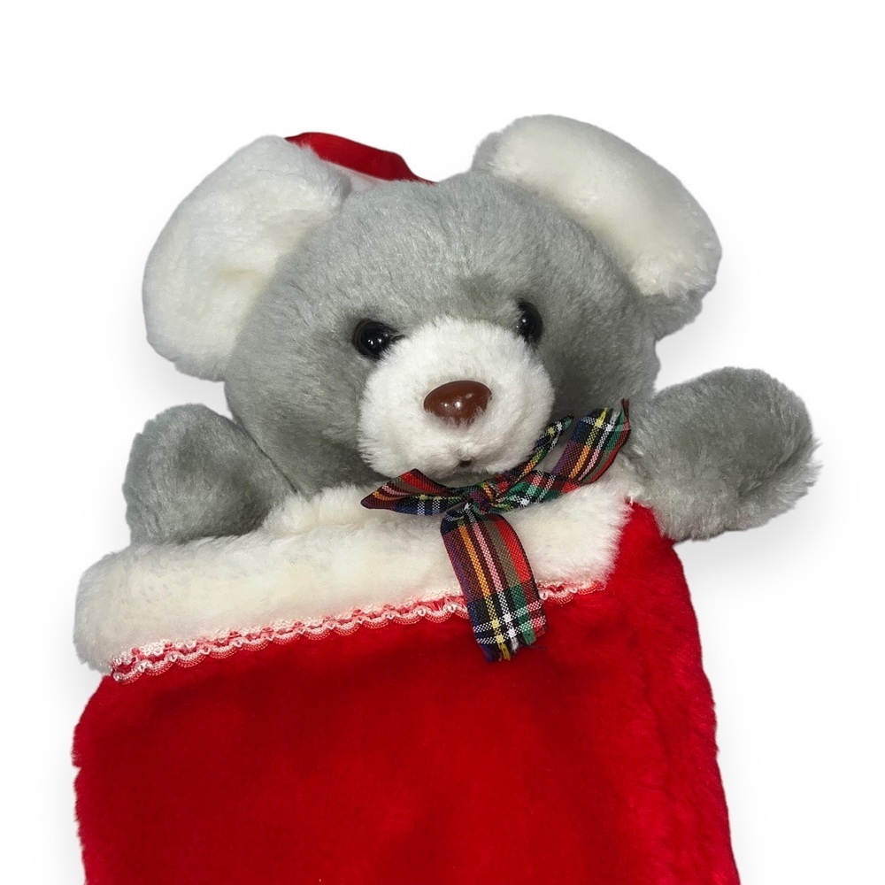 Vintage Christmas Stocking Grey Mouse‎ Plush 80s KB Bros 17” Full Length 3D - Picture 2 of 5